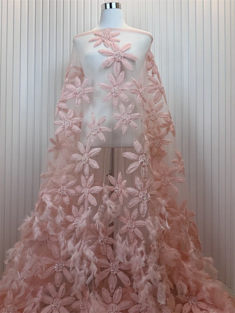 Luxury Exquisite High-end Feathers New Fashion Design Fabric Handmade Embroidery Net Lace Beads For Making Women Wedding  Dress