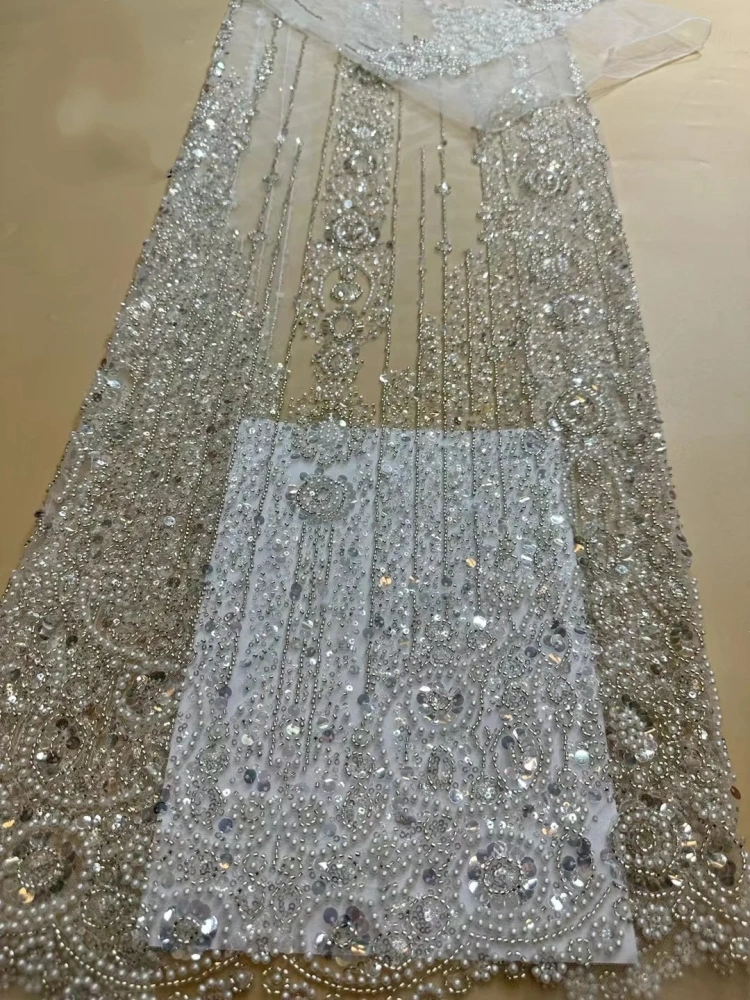 5Y 2023 Hot on Sale Unique Design Embroidery Net Lace Beads Sequins High Quality Fabric For Party Evening Dress