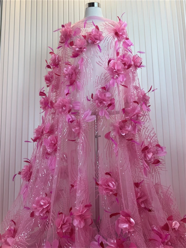 High-end Exquisite Luxury Feathers New Fashion Design Fabric Handmade Embroidery Net Lace Beads For Making Women Wedding  Dress