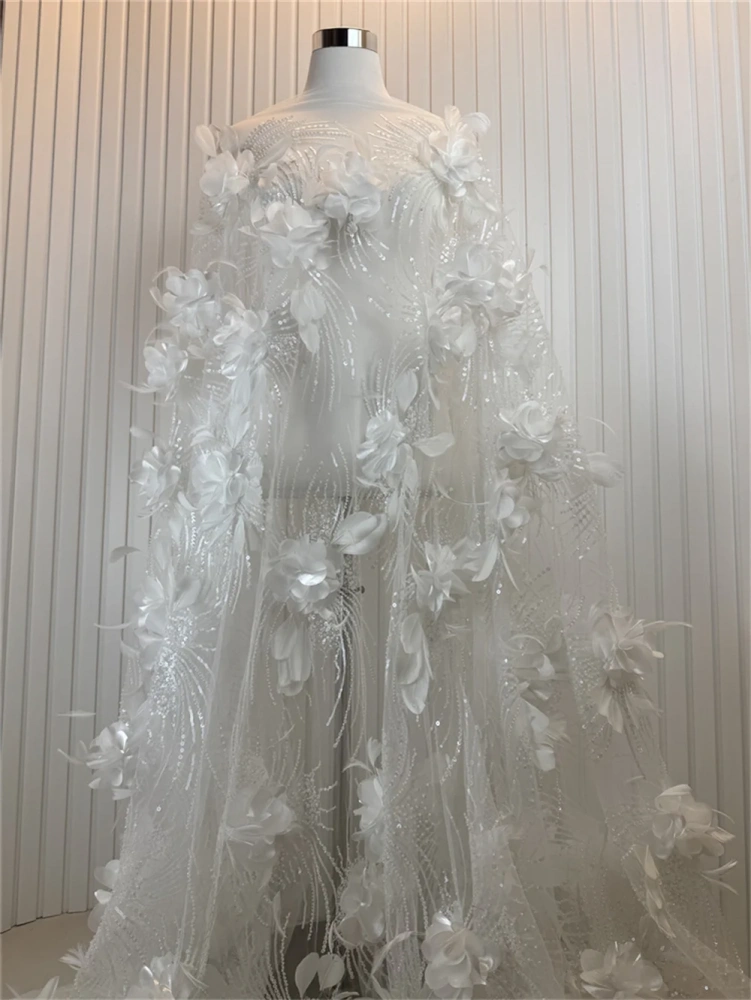 High-end Exquisite Luxury Feathers New Fashion Design Fabric Handmade Embroidery Net Lace Beads For Making Women Wedding  Dress