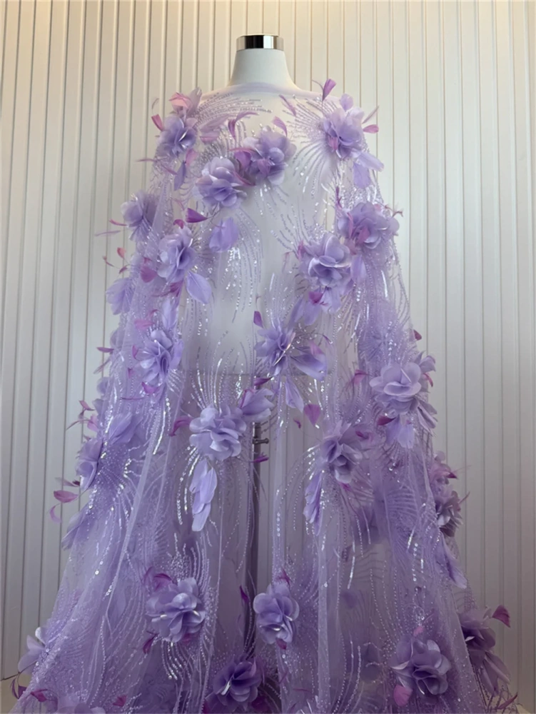 High-end Exquisite Luxury Feathers New Fashion Design Fabric Handmade Embroidery Net Lace Beads For Making Women Wedding  Dress