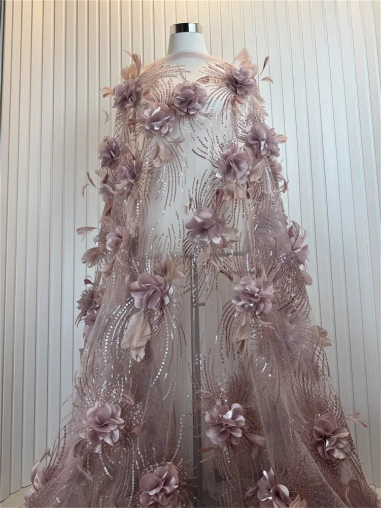 High-end Exquisite Luxury Feathers New Fashion Design Fabric Handmade Embroidery Net Lace Beads For Making Women Wedding  Dress