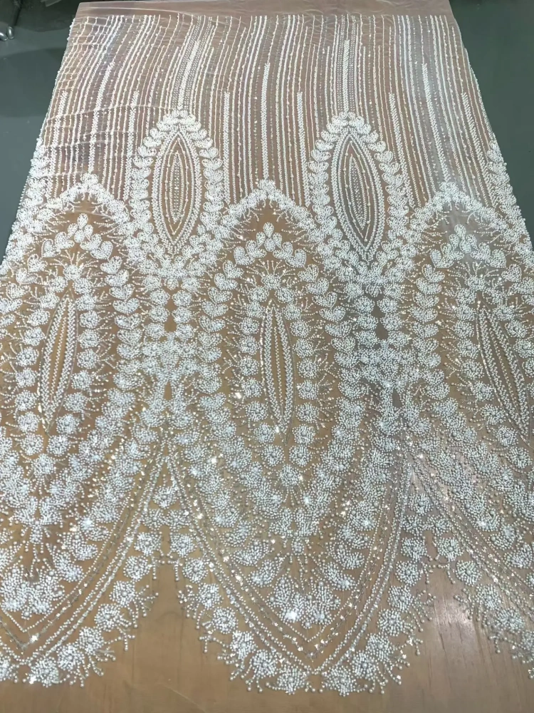 Handmade Exquisite Women's Party Dress Embroidered Net Lace Ivory White Sequins Beads Top Quality Fabric Pretty Nice Style