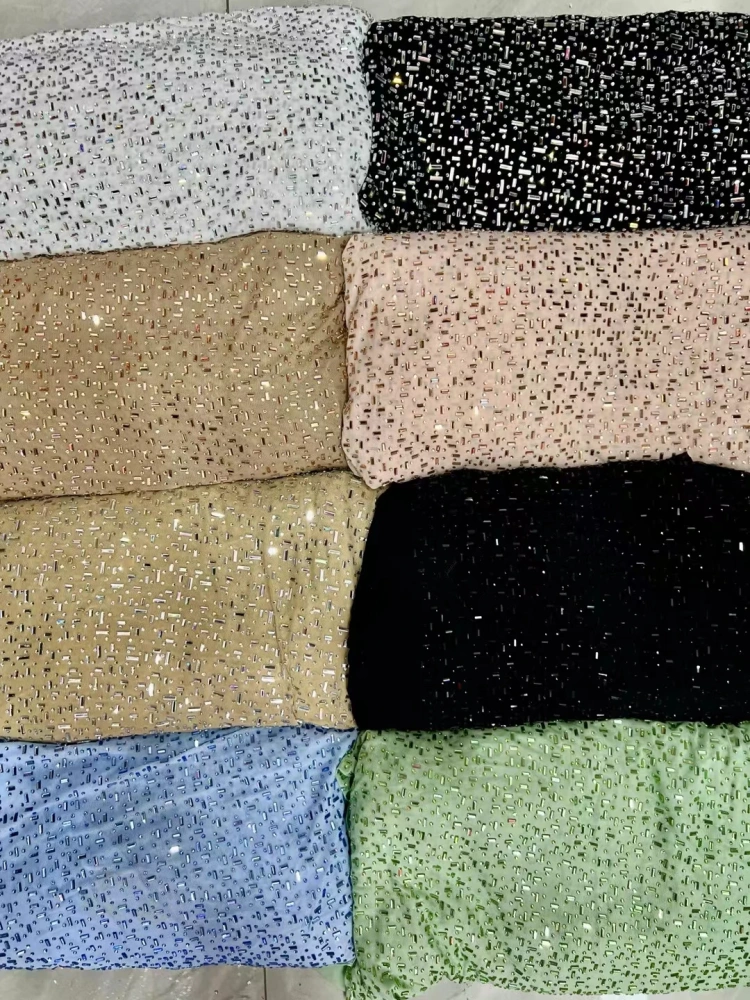 2026 New Arrival Women's Handmade Rhinestone Beads Stretch Net Lace Dress Fashion Nice Shine Fabric for Party Evening Top Qualit