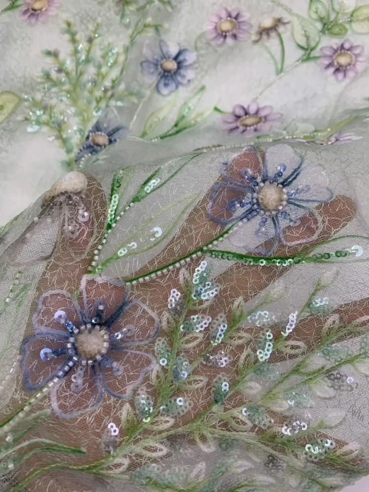 Handmade Women's Party Dress Embroidered with Colored Flowers Net Lace Sequins Beads High Quality Fabric Elegant Style