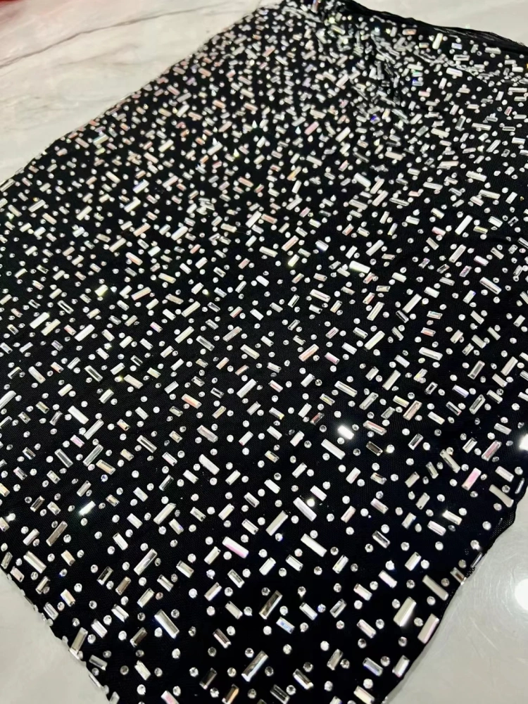 2026 New Arrival Women's Handmade Rhinestone Beads Stretch Net Lace Dress Fashion Nice Shine Fabric for Party Evening Top Qualit