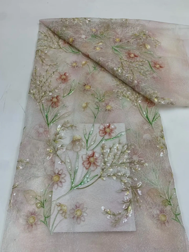Handmade Women's Party Dress Embroidered with Colored Flowers Net Lace Sequins Beads High Quality Fabric Elegant Style