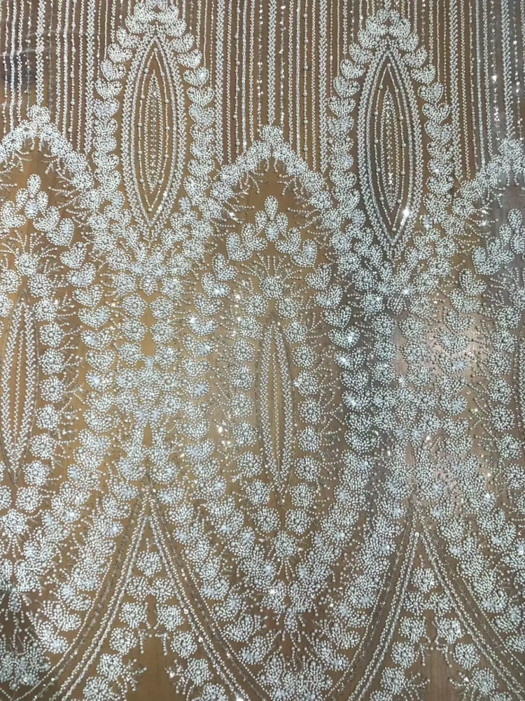 Handmade Exquisite Women's Party Dress Embroidered Net Lace Ivory White Sequins Beads Top Quality Fabric Pretty Nice Style