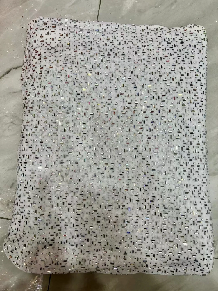 2026 New Arrival Women's Handmade Rhinestone Beads Stretch Net Lace Dress Fashion Nice Shine Fabric for Party Evening Top Qualit