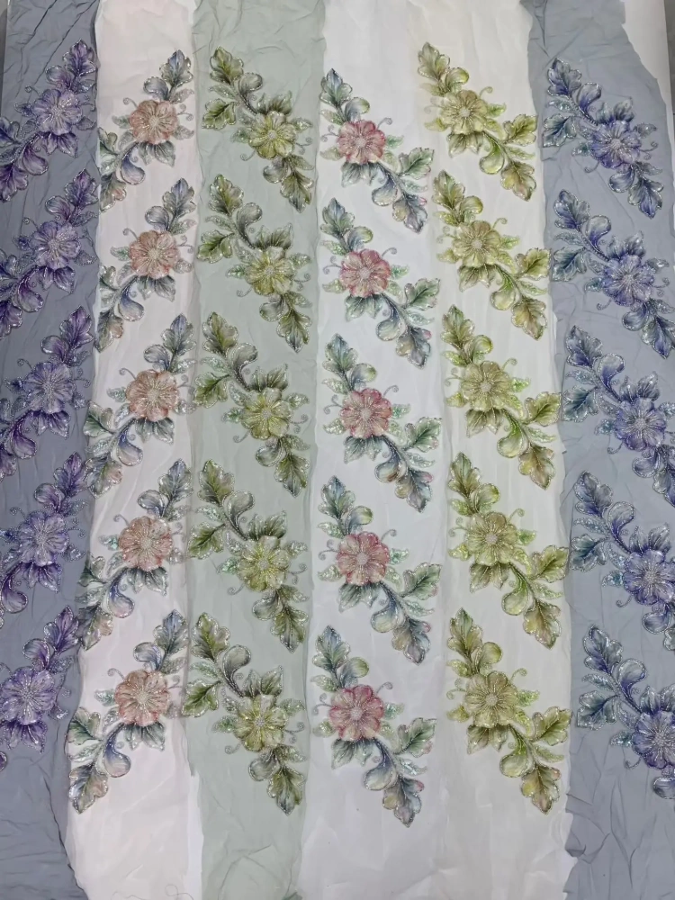 Handmade Women's Party Dress Embroidered with Colored Flowers Net Lace Sequins Beads High Quality Fabric Elegant Style