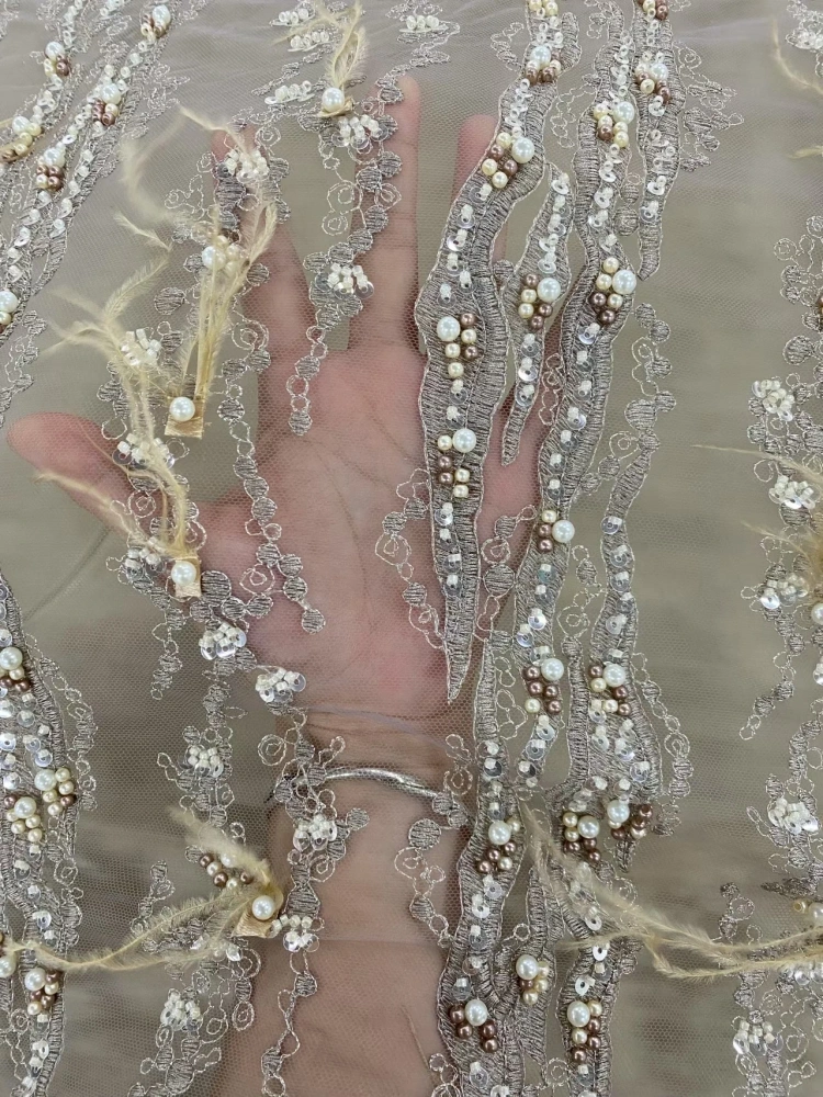 Unique Design Light Feather Embroidery Net Lace with Sequins And Beads for Wedding Or Party Dress Top Quality African Style Hot