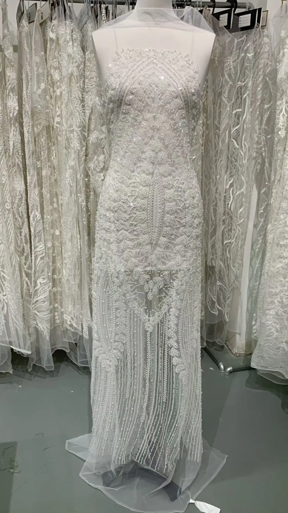 Handmade Exquisite Women's Party Dress Embroidered Net Lace Ivory White Sequins Beads Top Quality Fabric Pretty Nice Style