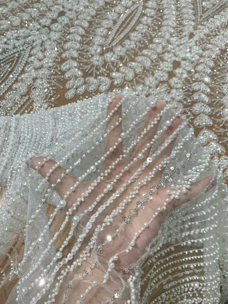 Handmade Exquisite Women's Party Dress Embroidered Net Lace Ivory White Sequins Beads Top Quality Fabric Pretty Nice Style