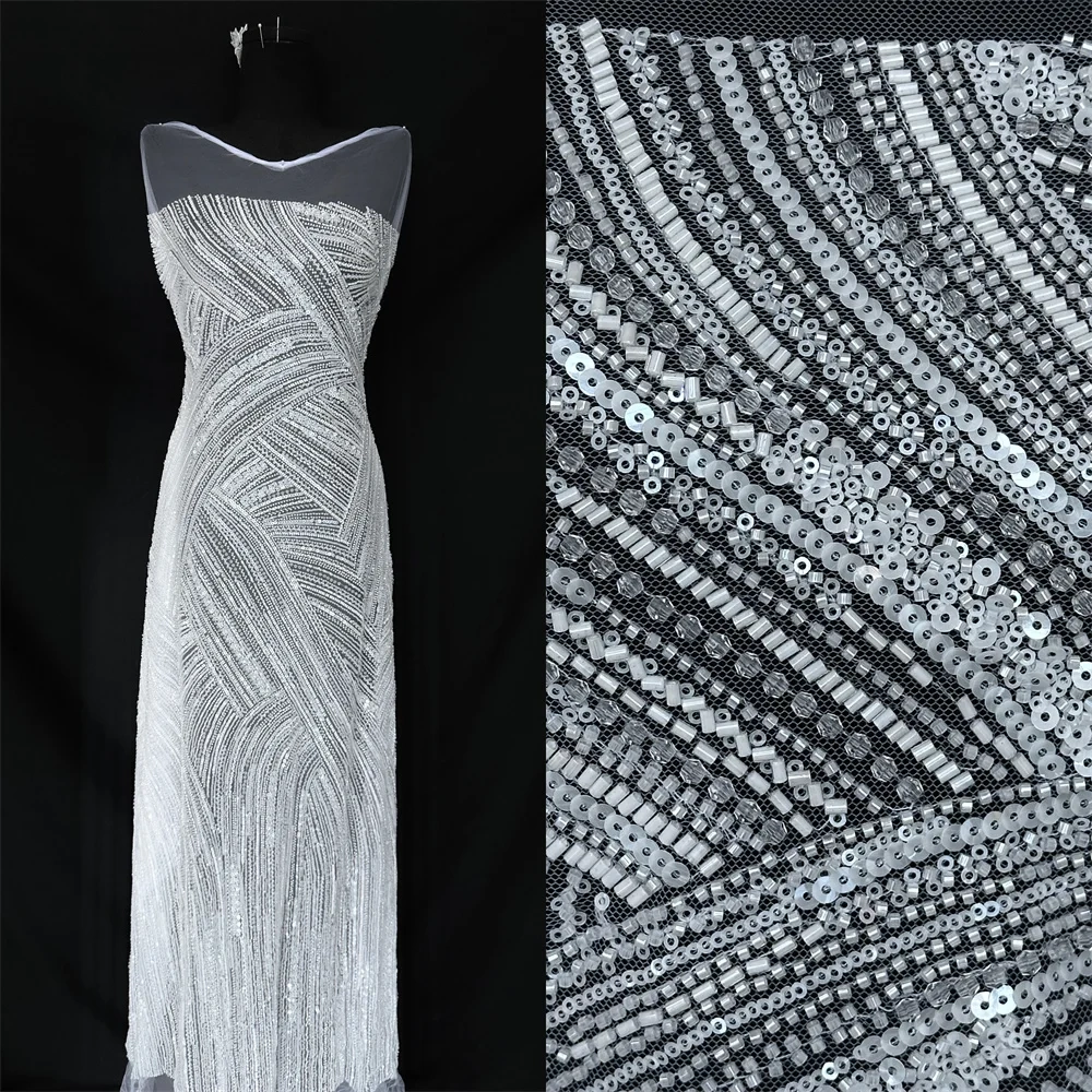 Beauty Exquisite Design Top Quality Handmade Embroidery  Ivory White Beads Net Lace With Sequins  For Party Evening Dresses