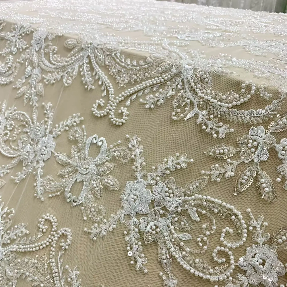 Ivory White Handmade Embroidery Net Lace with Sequins Evening Party Dress Fabric Unique Design Top Quality with New Fish Beads