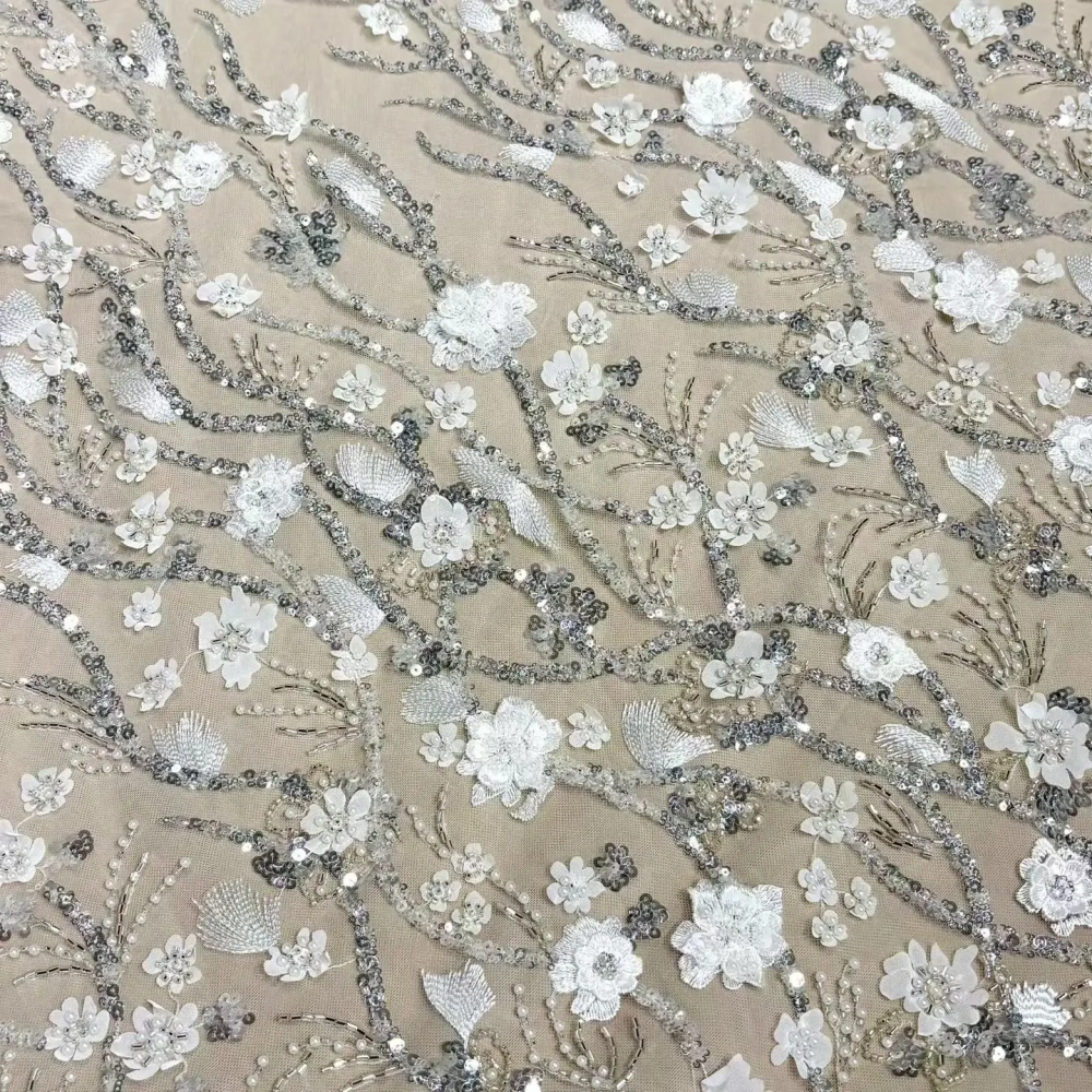Luxury Handmade 3D Laser Embroidery Net Lace White Beads Sequins Top Quality Evening Party Dress Fabric