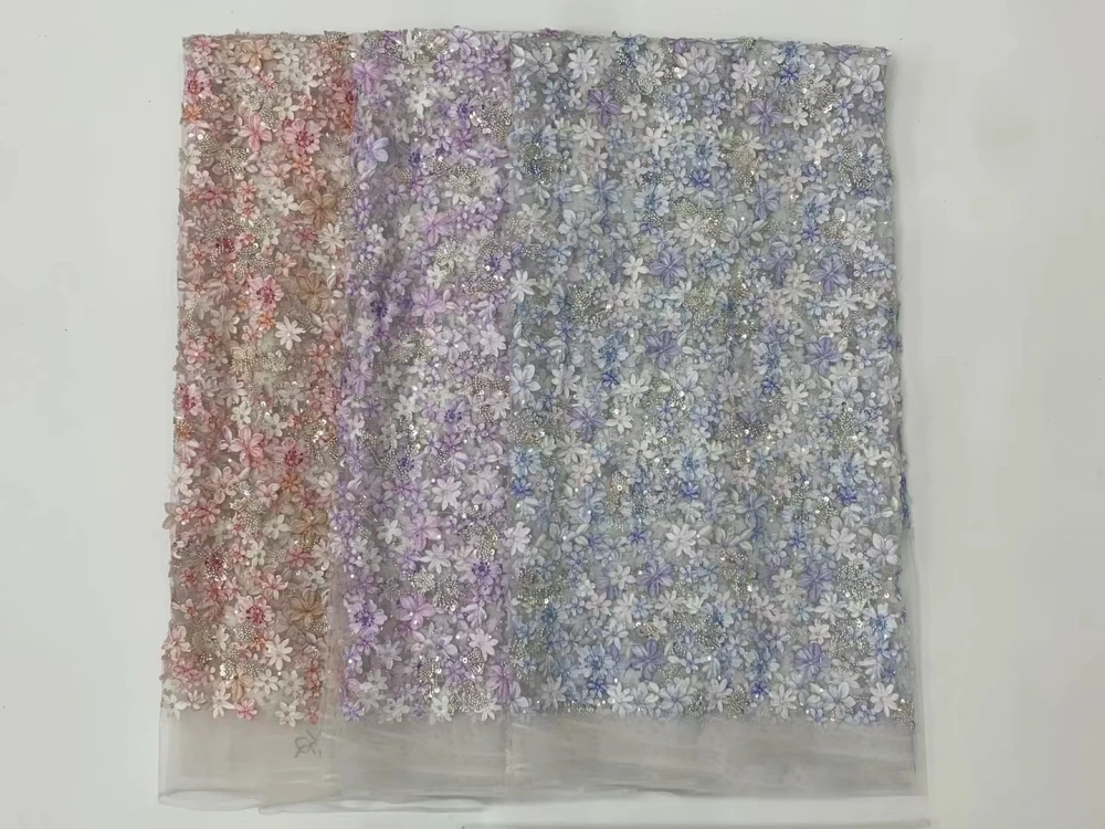 New Arrival Africa Unique Luxury Design Top Quality Handmade Embroidery Net Lace With Beads Sequins For Party Evening Dresses