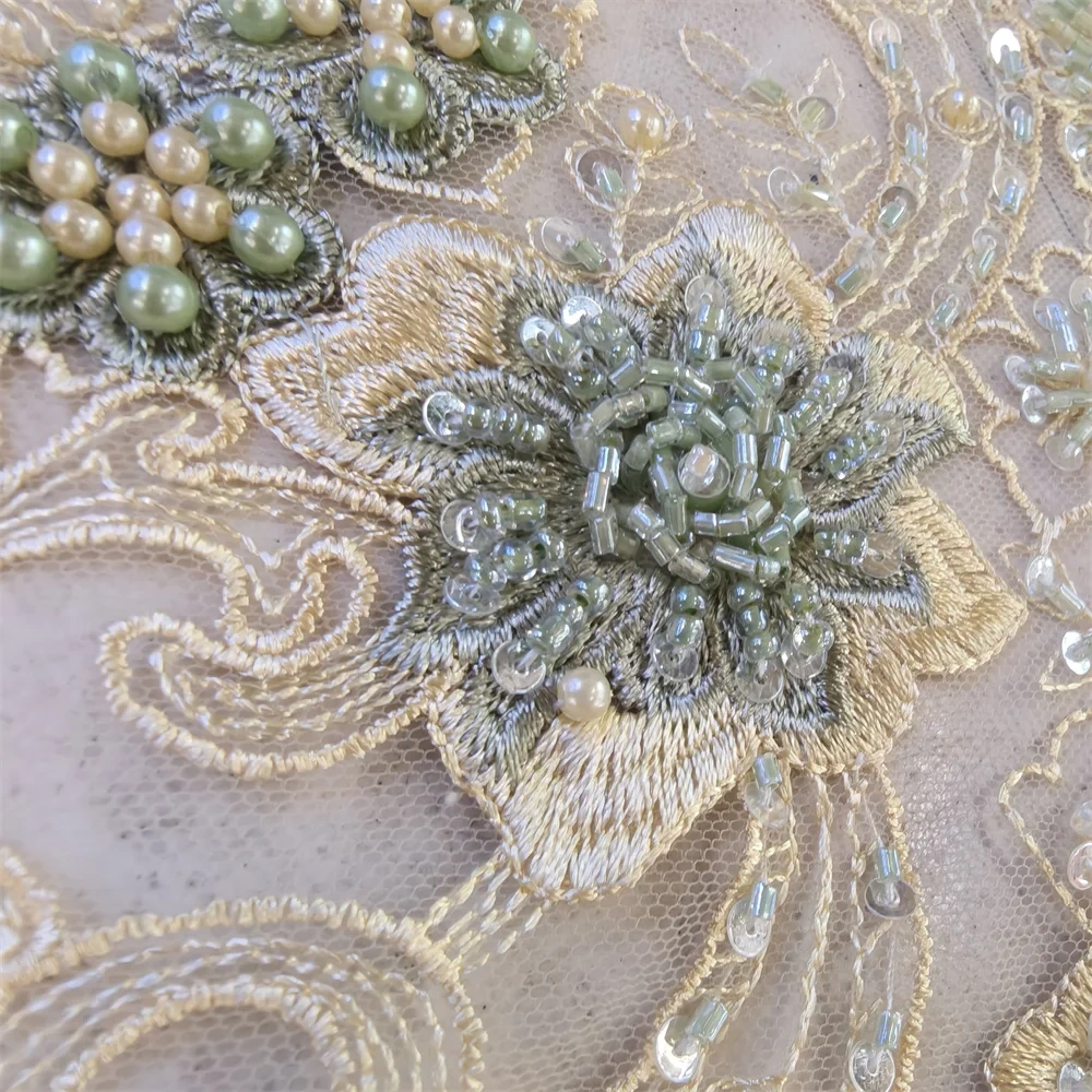 Handmade 3D Embroidery Net Lace Unique Fabric with Green Beads Sequins High Quality for Party Evening Dress