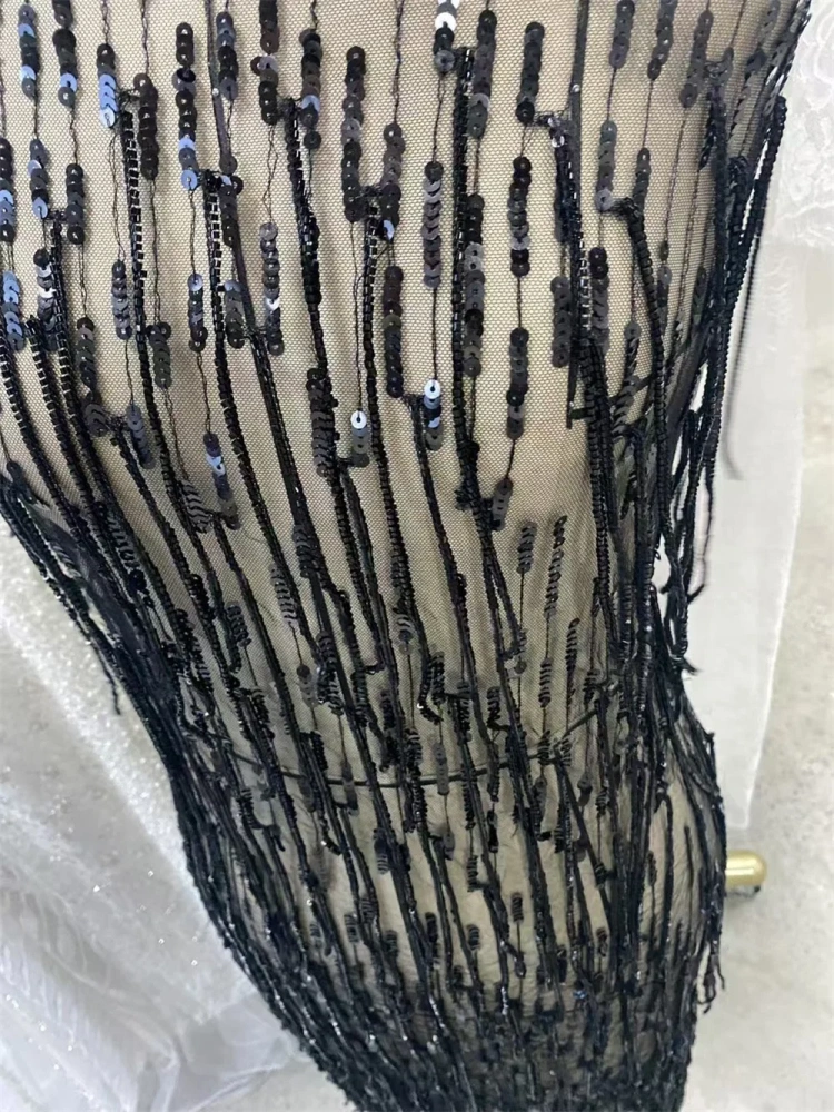 Black striped tassel bead tube fabric handmade Embrordered Net Lace With Beaded Sequins Afirca Net Lace Party Evening Dress