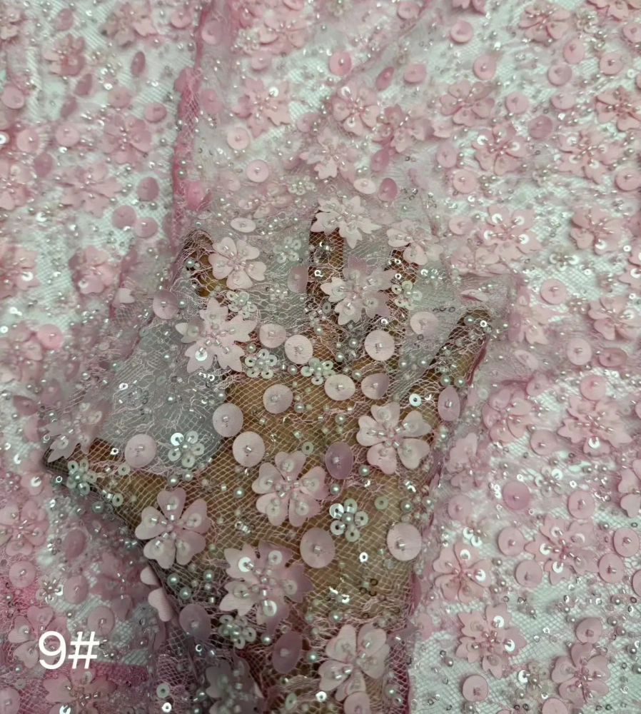High-Quality Handmade Laser Embroidered Net Lace Evening Dress Fabric Beaded Sequined Small Inch Women's Party Dress Material