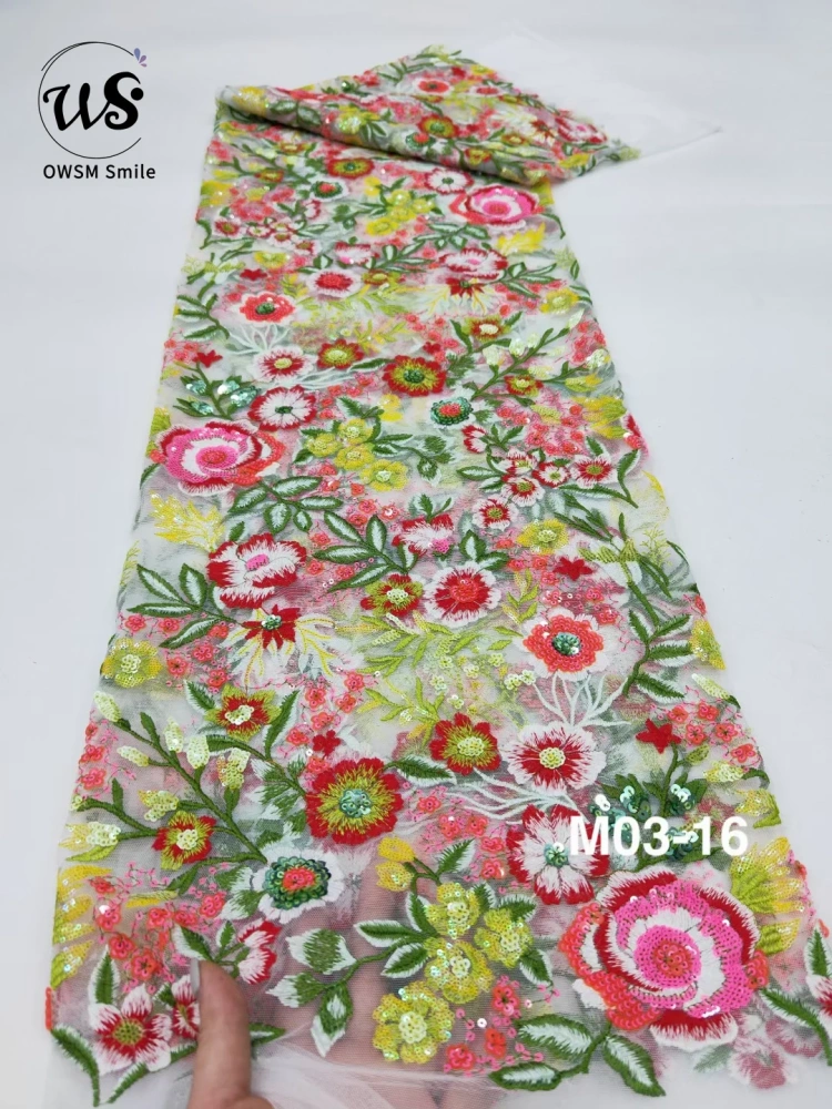 2023 New Africa Fashion Design High Quality OWSM Handmade Multi Color Embroidery Net Lace With Sequins Prom Evenig Dress