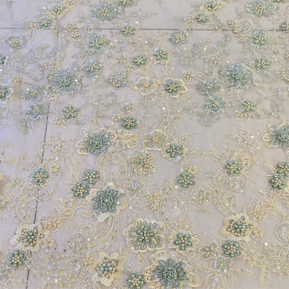 Handmade 3D Embroidery Net Lace Unique Fabric with Green Beads Sequins High Quality for Party Evening Dress