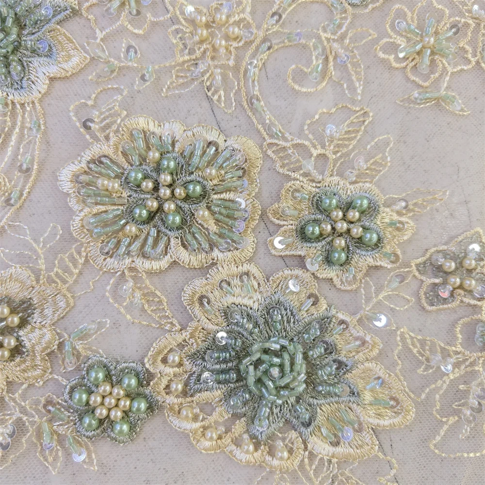 Handmade 3D Embroidery Net Lace Unique Fabric with Green Beads Sequins High Quality for Party Evening Dress