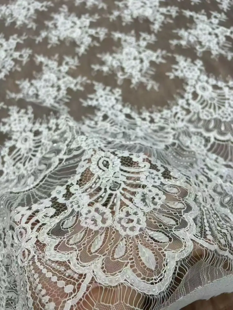 Fixing the bone string Embroidery Net Lace Ivory Beads Sequin Fabric For Women Party Evening Dress Africa Design, High Quality