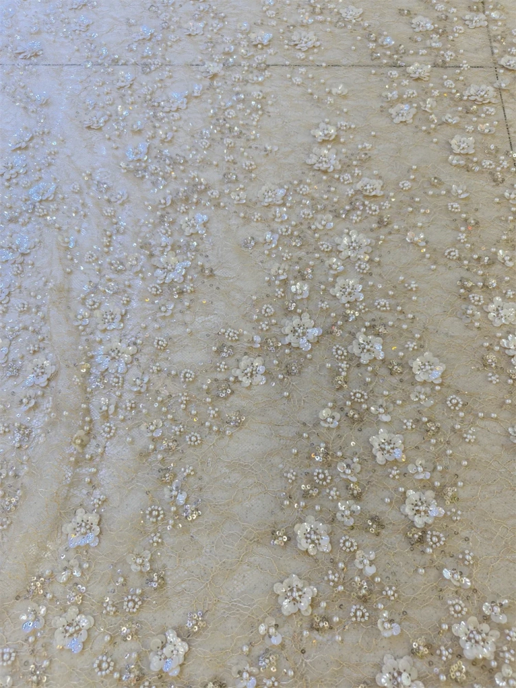 Light Luxury Design Handmade Embrordered Net Lace With Ivory White Beads Sequins High Quality Fabric For Party Evening Dress