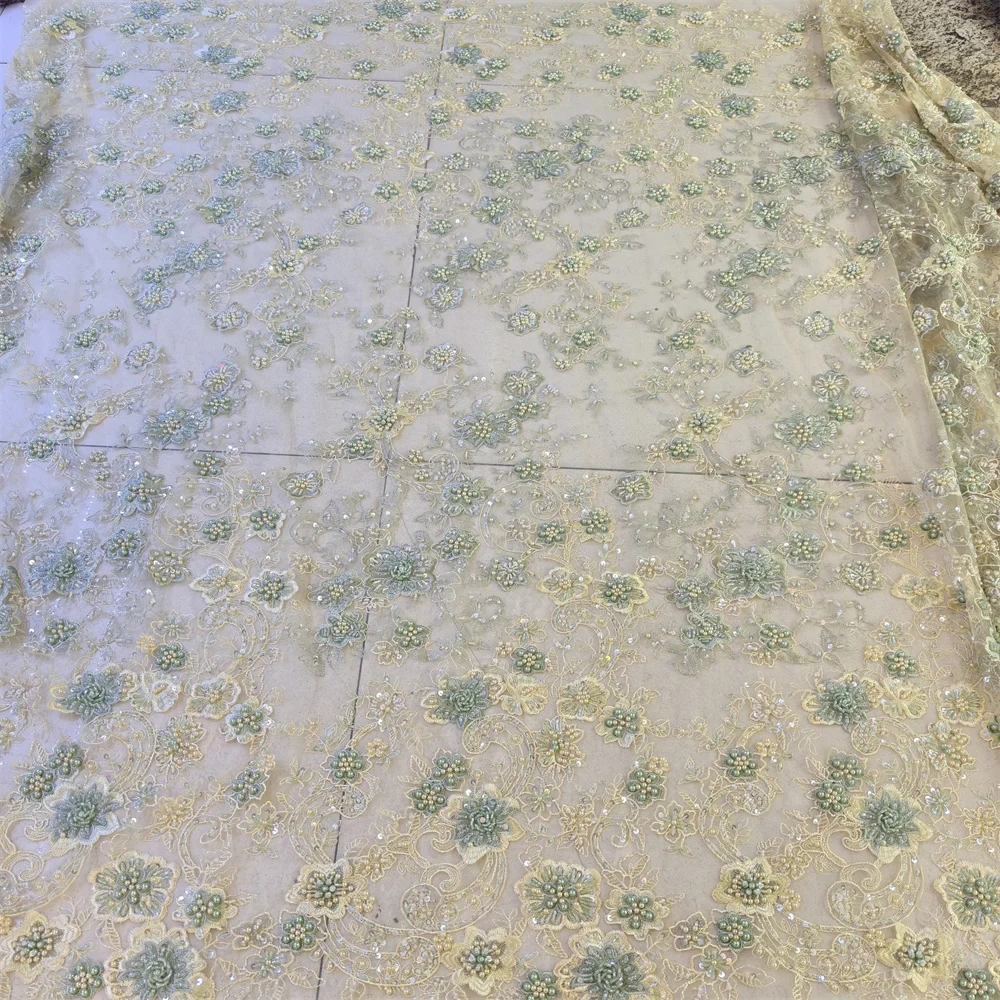 Handmade 3D Embroidery Net Lace Unique Fabric with Green Beads Sequins High Quality for Party Evening Dress