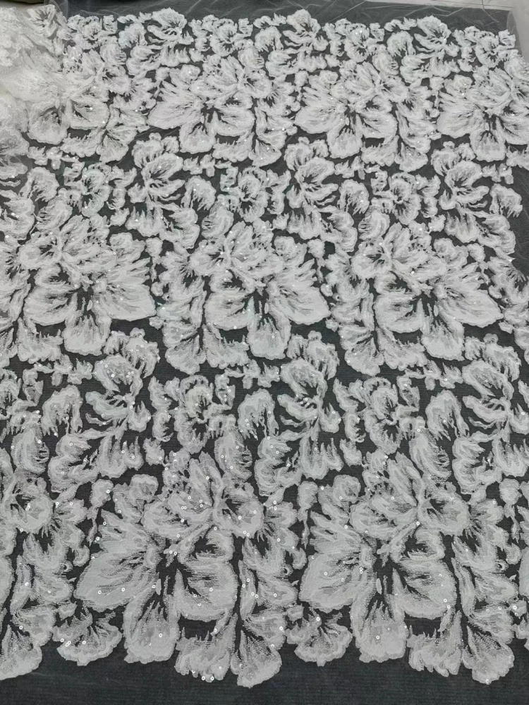New White Big Flower Fashion Design Handmade Embrordered Net Lace Beads Sequins High Quality Fabric For Party Evening Dress