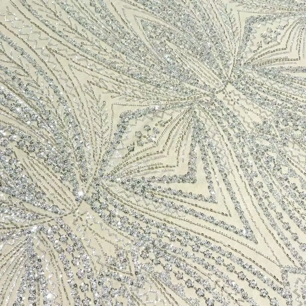 Luxury Handmade White Net Lace Sequins Embroidery Top Quality Fabric Evening Party Dress Material