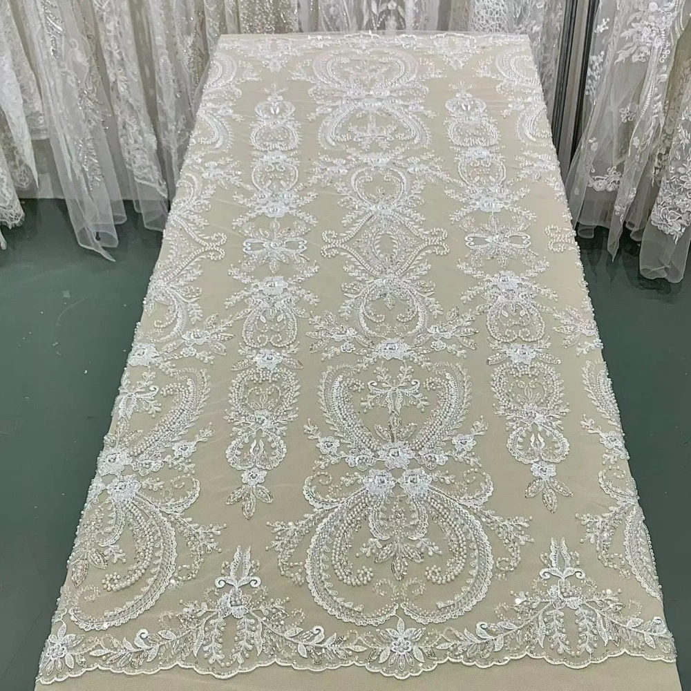 Ivory White Handmade Embroidery Net Lace with Sequins Evening Party Dress Fabric Unique Design Top Quality with New Fish Beads