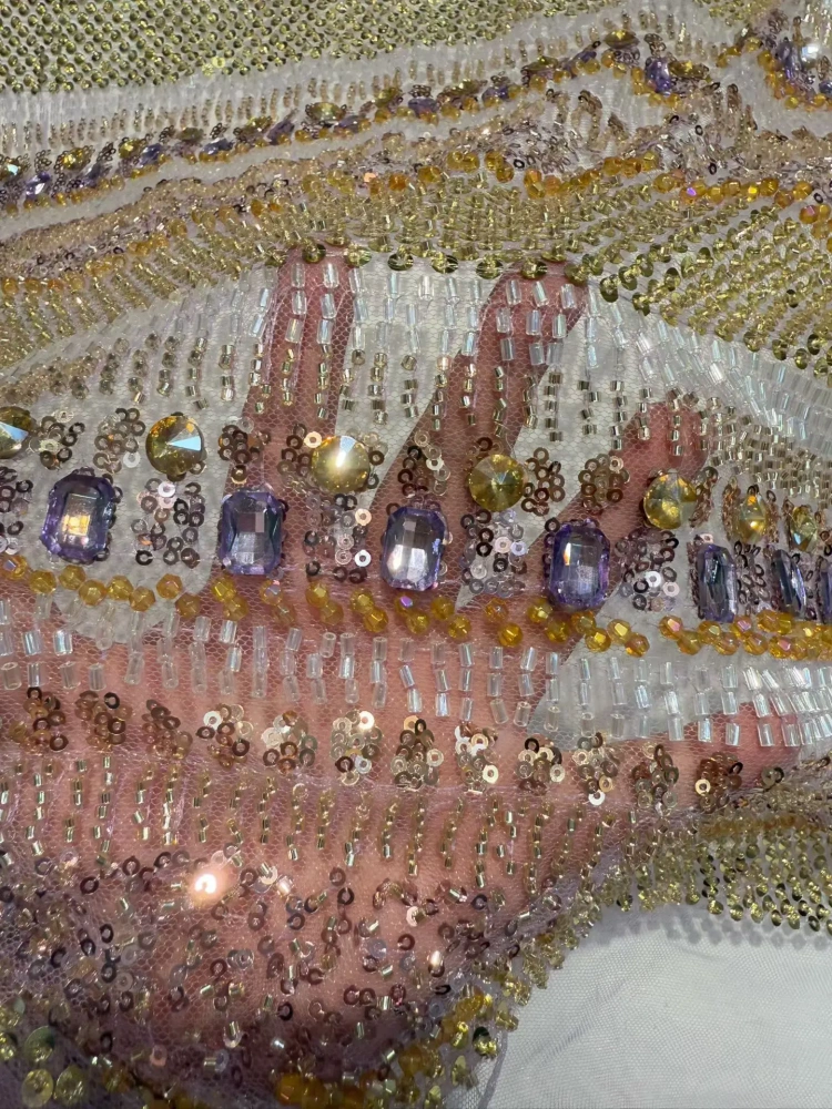 Handmade Purple Rhinestone Net Lace Beads Sequins Wedding Party Dress Top Quality Fashion Design