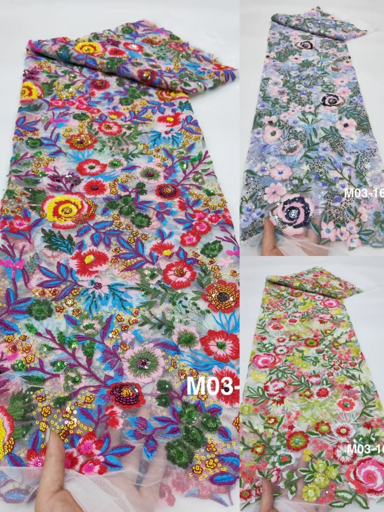 2023 New Africa Fashion Design High Quality OWSM Handmade Multi Color Embroidery Net Lace With Sequins Prom Evenig Dress