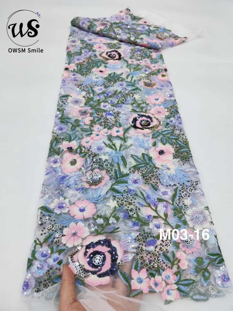 2023 New Africa Fashion Design High Quality OWSM Handmade Multi Color Embroidery Net Lace With Sequins Prom Evenig Dress