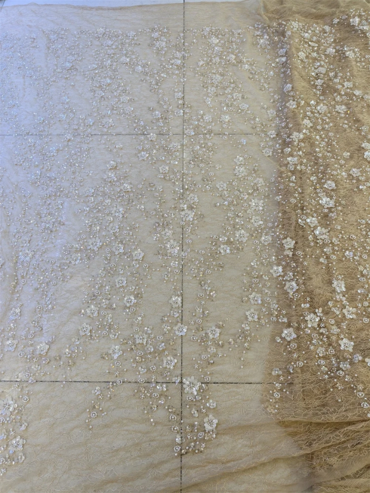 Light Luxury Design Handmade Embrordered Net Lace With Ivory White Beads Sequins High Quality Fabric For Party Evening Dress