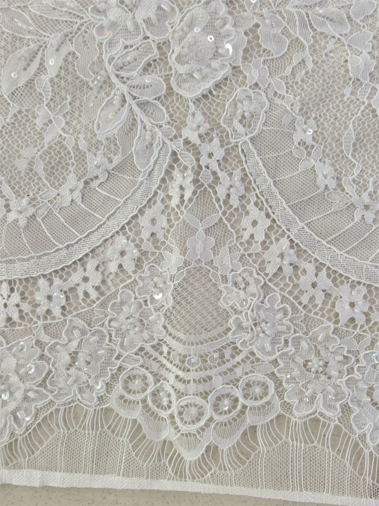 Fixing the bone string Embroidery Net Lace Ivory Beads Sequin Fabric For Women Party Evening Dress Africa Design, High Quality