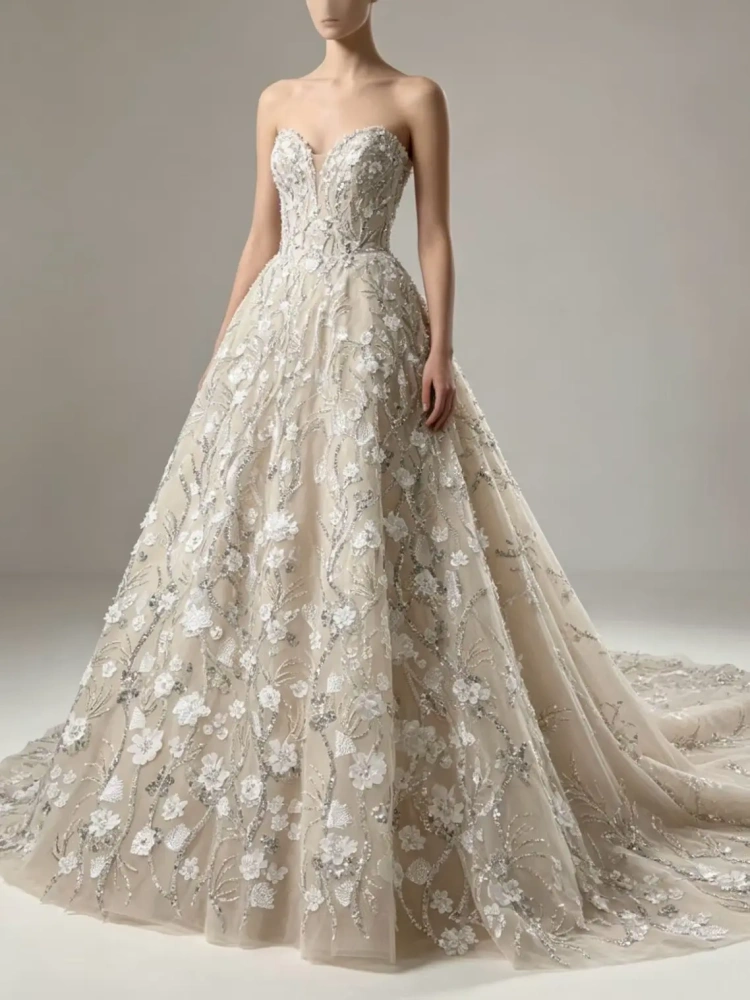 Luxury Handmade 3D Laser Embroidery Net Lace White Beads Sequins Top Quality Evening Party Dress Fabric