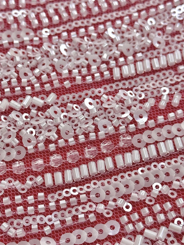 Beauty Exquisite Design Top Quality Handmade Embroidery  Ivory White Beads Net Lace With Sequins  For Party Evening Dresses