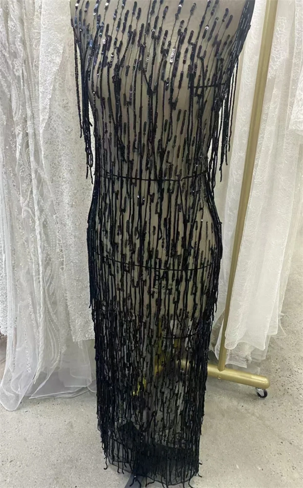 Black striped tassel bead tube fabric handmade Embrordered Net Lace With Beaded Sequins Afirca Net Lace Party Evening Dress