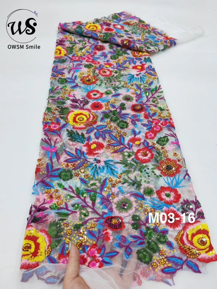 2023 New Africa Fashion Design High Quality OWSM Handmade Multi Color Embroidery Net Lace With Sequins Prom Evenig Dress