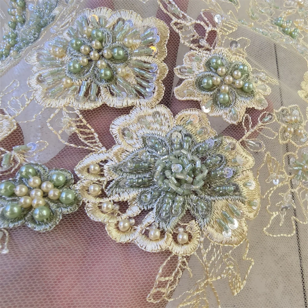 Handmade 3D Embroidery Net Lace Unique Fabric with Green Beads Sequins High Quality for Party Evening Dress