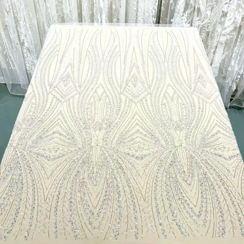 Luxury Handmade White Net Lace Sequins Embroidery Top Quality Fabric Evening Party Dress Material