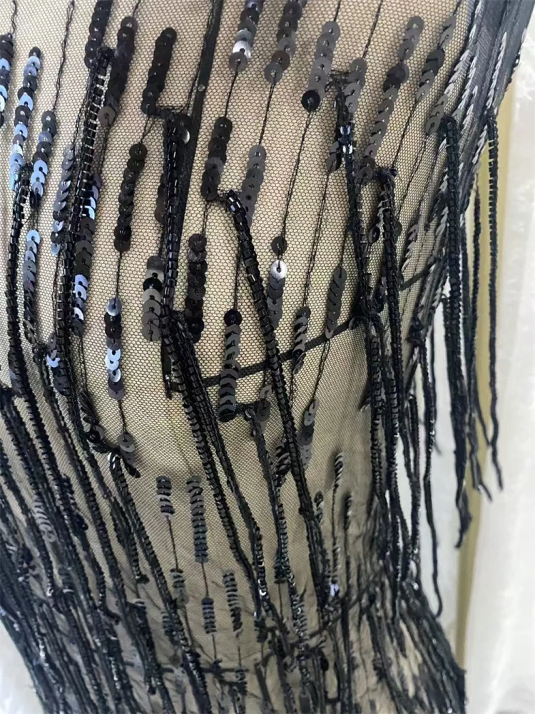 Black striped tassel bead tube fabric handmade Embrordered Net Lace With Beaded Sequins Afirca Net Lace Party Evening Dress