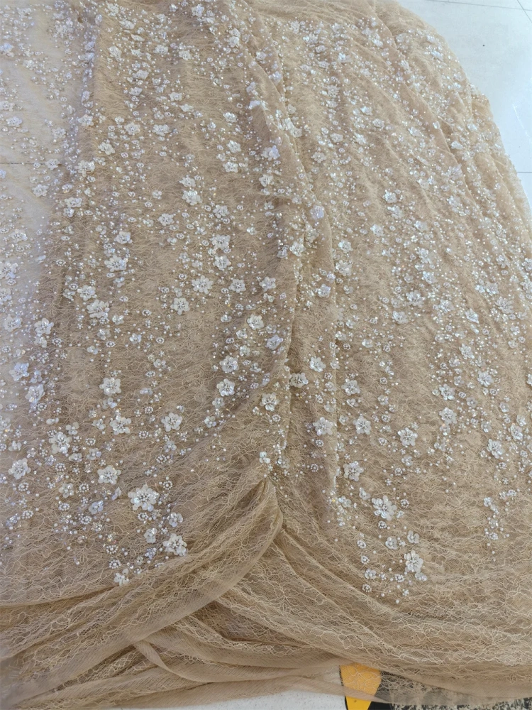 Light Luxury Design Handmade Embrordered Net Lace With Ivory White Beads Sequins High Quality Fabric For Party Evening Dress