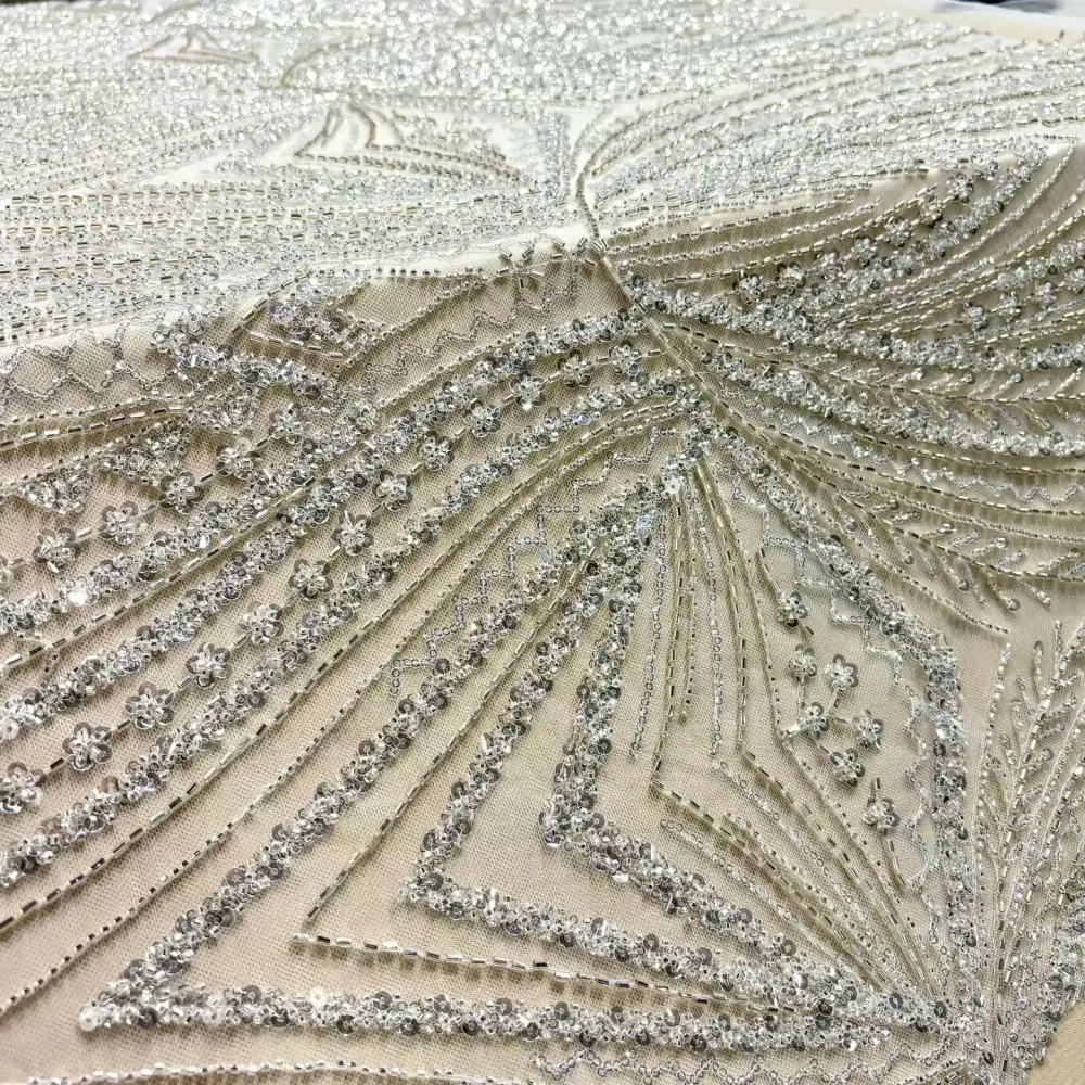 Luxury Handmade White Net Lace Sequins Embroidery Top Quality Fabric Evening Party Dress Material