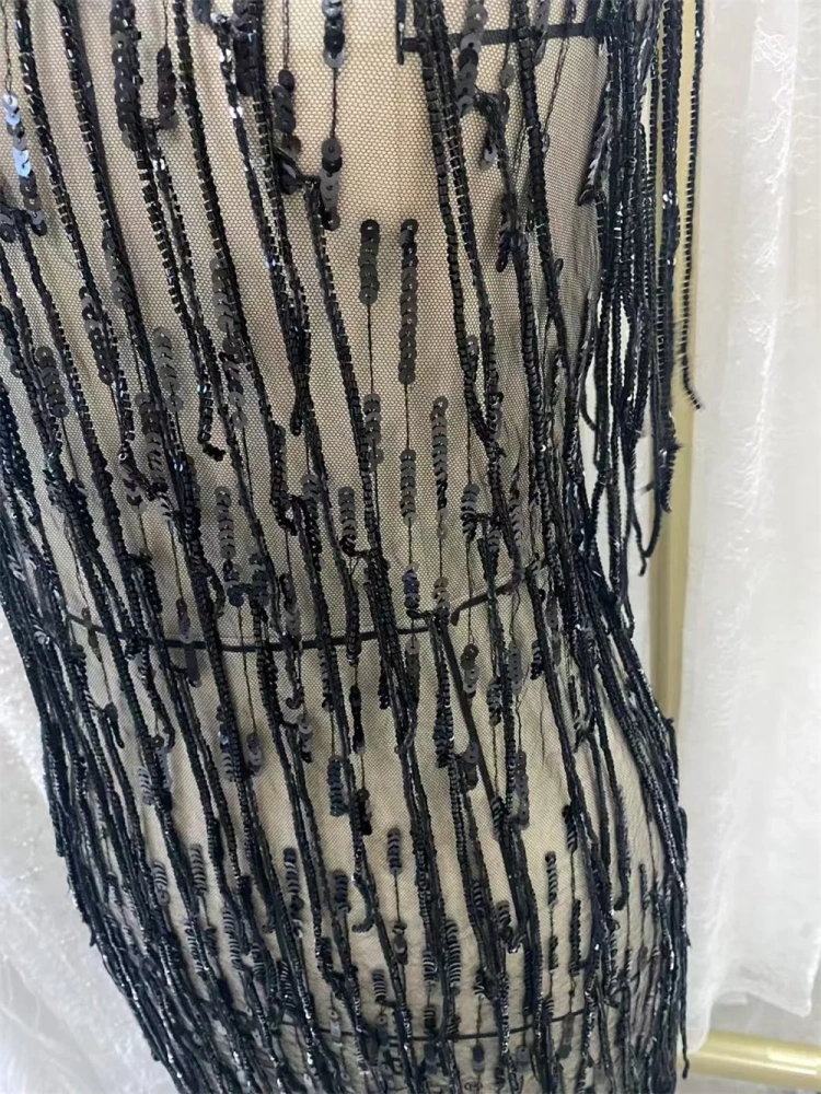 Black striped tassel bead tube fabric handmade Embrordered Net Lace With Beaded Sequins Afirca Net Lace Party Evening Dress