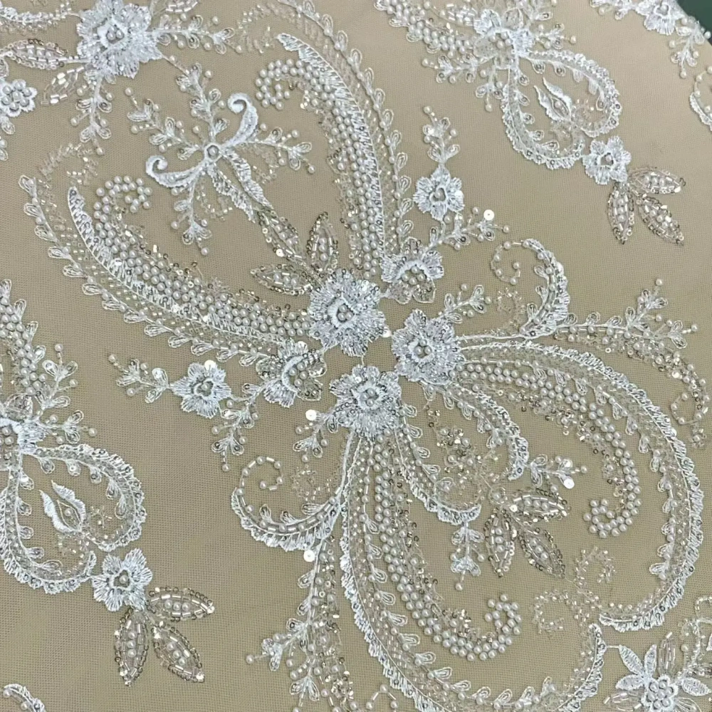 Ivory White Handmade Embroidery Net Lace with Sequins Evening Party Dress Fabric Unique Design Top Quality with New Fish Beads