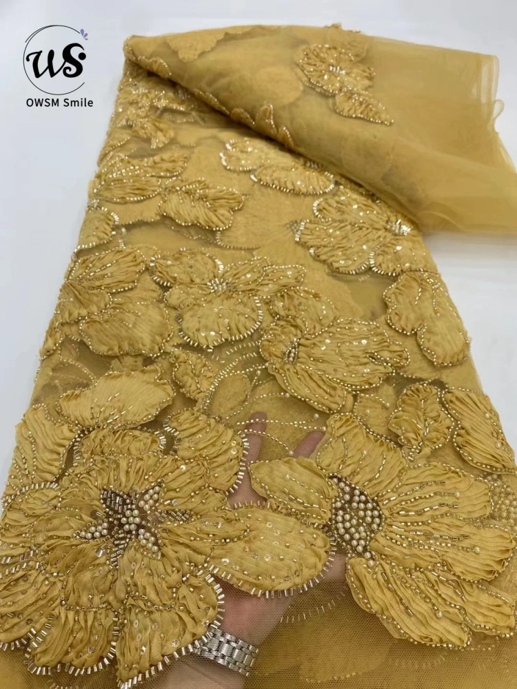 Hot Sale Unique Design Africa High Quality Handmade Beautiful 3D Embroidery Beads With Sequins For Wedding or Party Dress